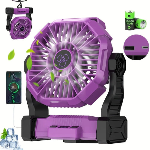 10400mAh 13hrs Rechargeable Automatic Oscillating Camping Fan with LED and Hook