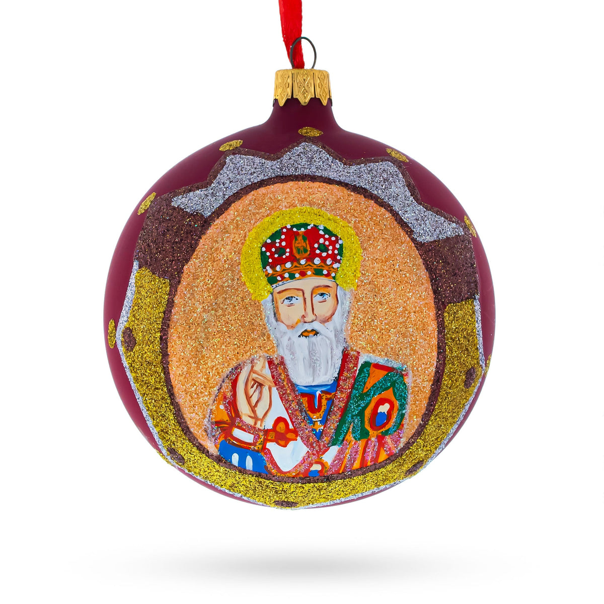 Reverent St. Nicholas with the Bible on Red Glass Ball Christmas Ornament 4 Inches